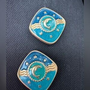 Enamel Dolphin Starburst Clip-On Earrings in Teal & Navy